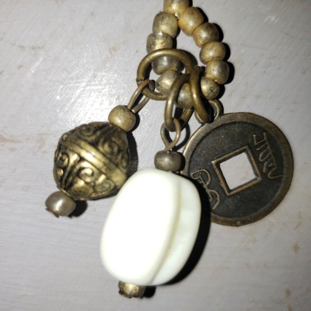 Y2K Asian Chinese Coin Boho Bohemian Hippie Beaded Gold Tone Fish Hook Earrings